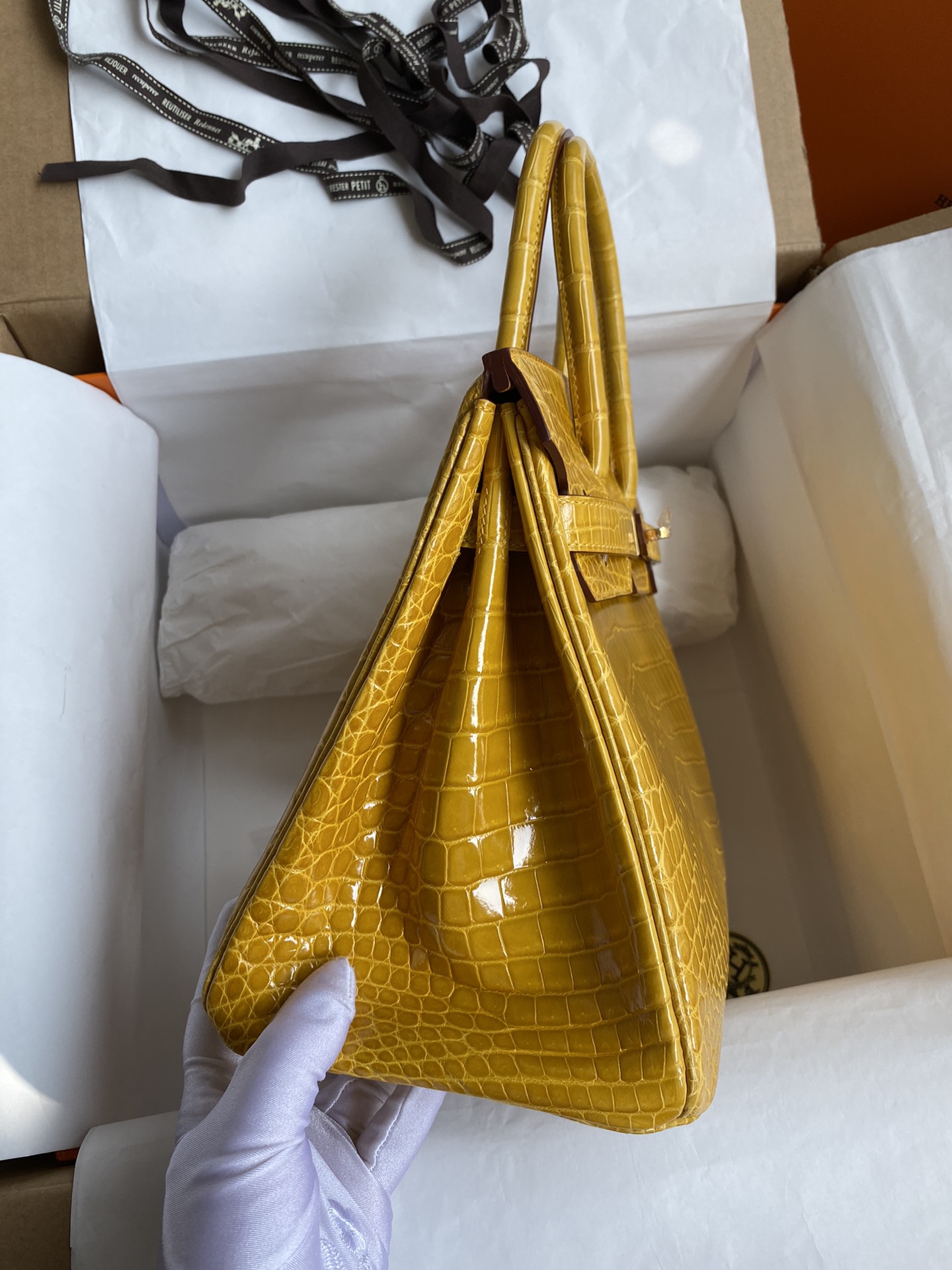 Hermes Birkin 30CM Handmade Bag In Amber Yellow Crocodile Niloticus Shiny Skin